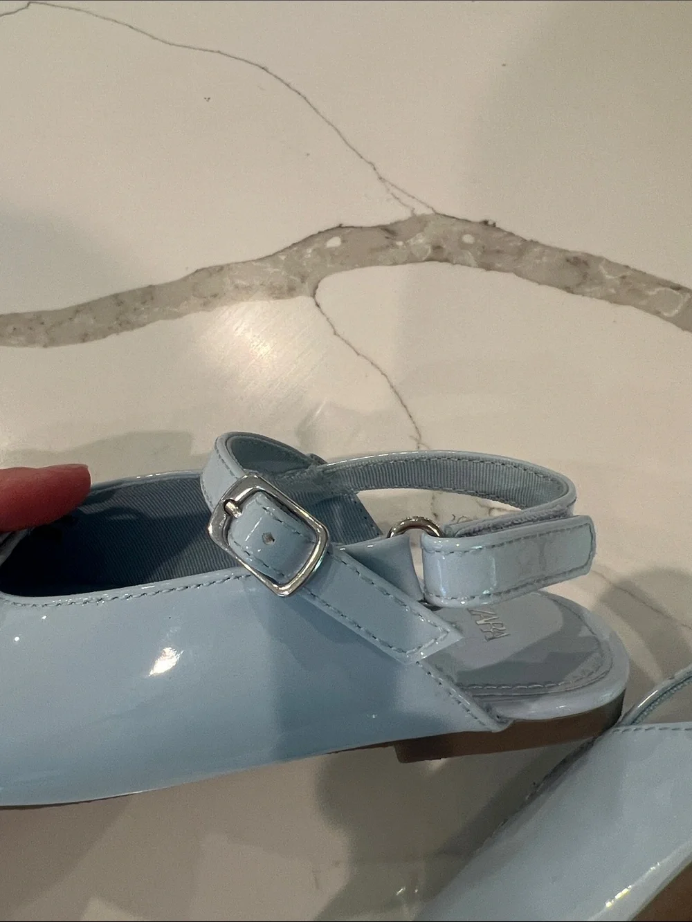 ZARA Girls Patent Mary Jane Ballet Flats with Bow - Light Blue
